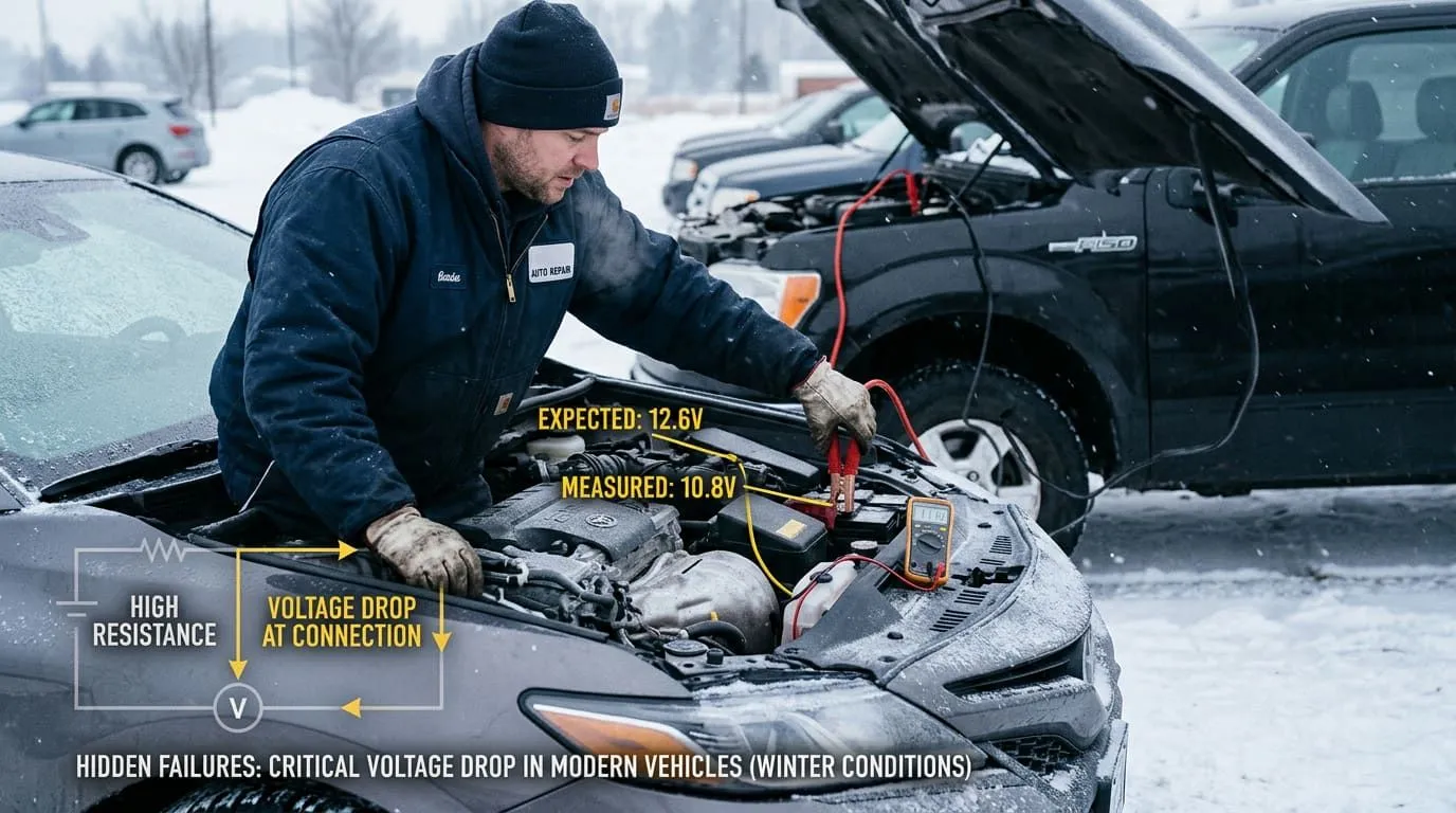 Akumulator i spadek napiÄ™cia: Ukryte usterki nowoczesnych aut zimÄ… — ilustracja do artykułu LDKM.pl o bezpiecznym wyprzedzaniu