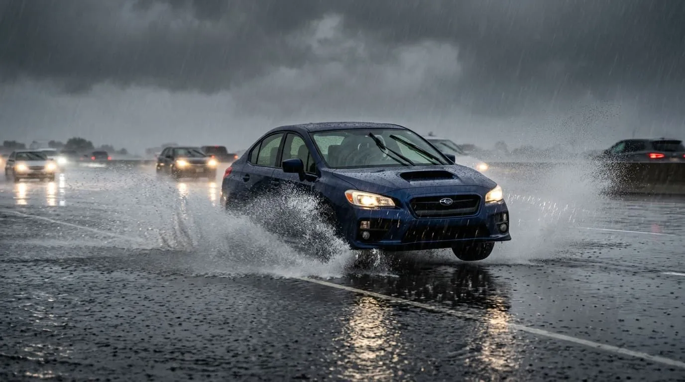 Aquaplaning: Kiedy wyprzedzanie w deszczu staje się rosyjską ruletką — ilustracja do artykułu LDKM.pl o bezpiecznym wyprzedzaniu
