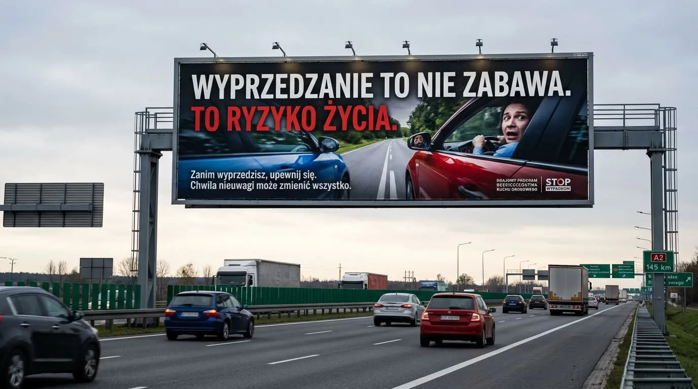 Anatomia kampanii szokowych: Czy krew na plakatach poprawia bezpieczeństwo? — ilustracja do artykułu LDKM.pl o bezpiecznym wyprzedzaniu