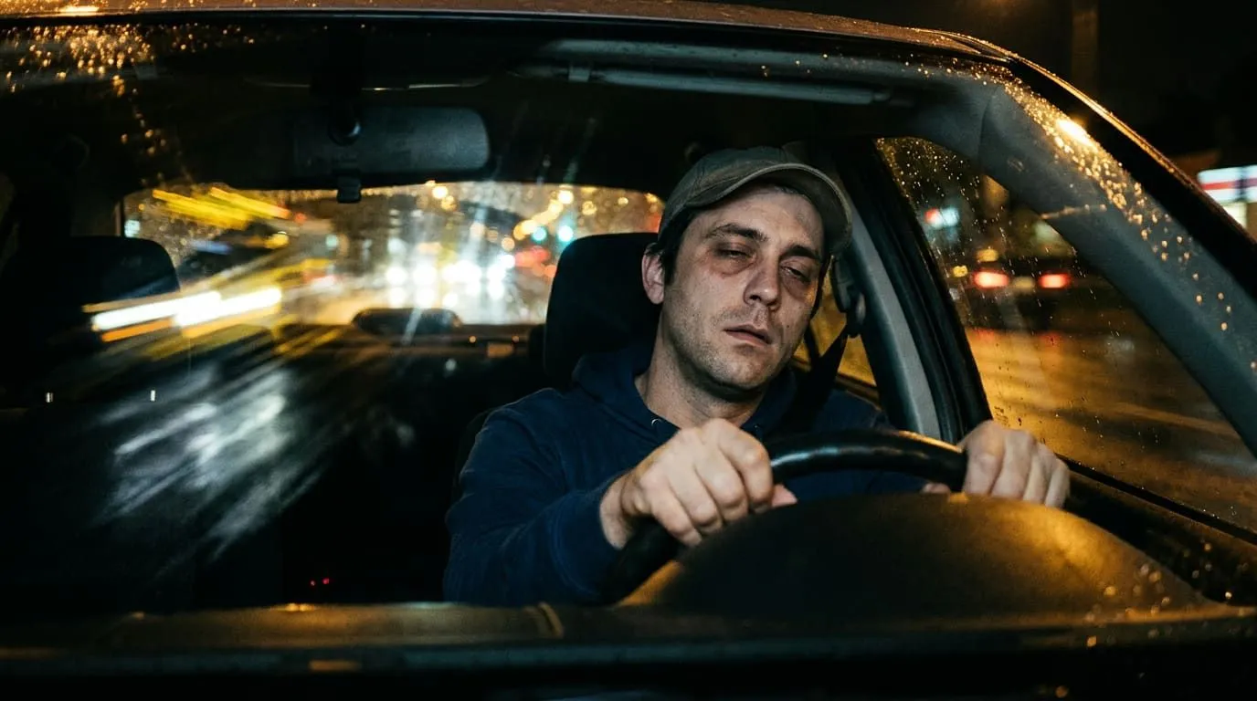 Mikrosen za kierownicą: Zmęczenie, które zabija szybciej niż promile — ilustracja do artykułu LDKM.pl o bezpiecznym wyprzedzaniu