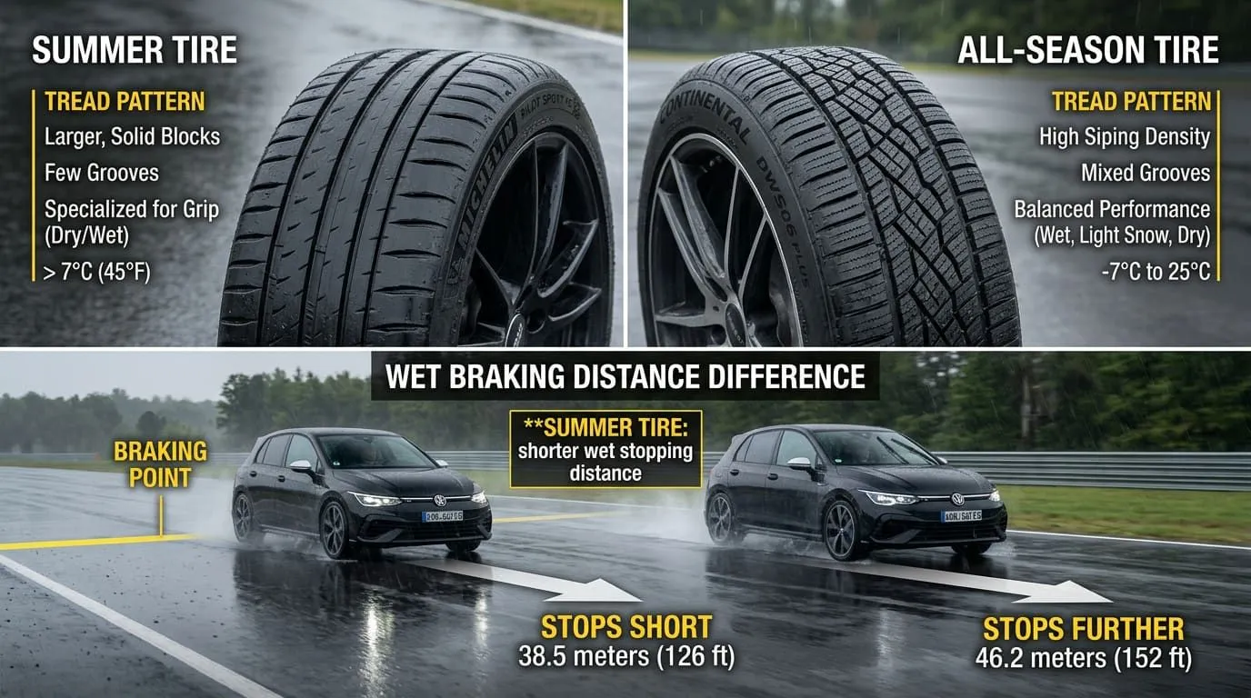 Opony wielosezonowe vs letnie: co ma znaczenie przy wyprzedzaniu na suchej i mokrej nawierzchni — ilustracja do artykułu LDKM.pl o bezpiecznym wyprzedzaniu