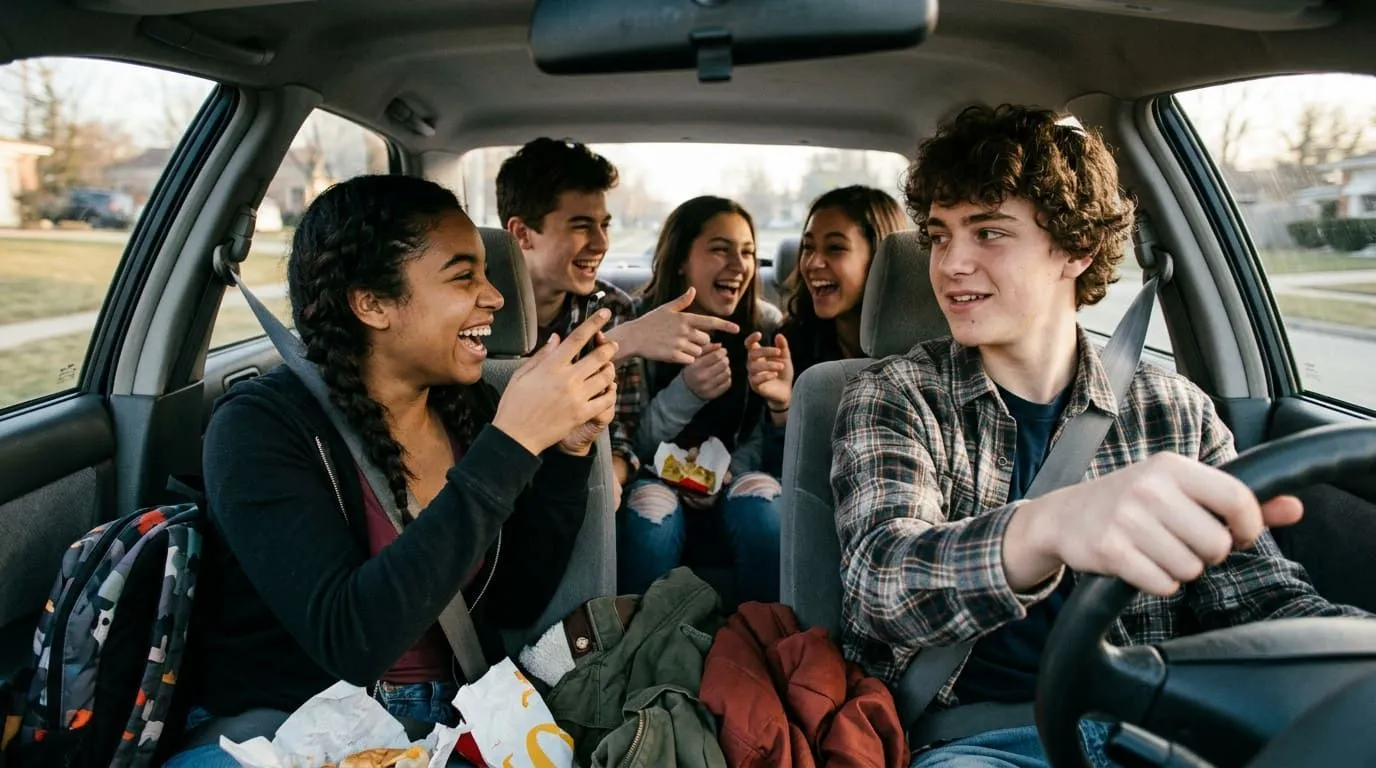 Rozpraszacze u mÅ‚odych kierowcÃ³w: Jak rÃ³wieÅ›nicy w aucie wpÅ‚ywajÄ… na LDKM — ilustracja do artykułu LDKM.pl o bezpiecznym wyprzedzaniu