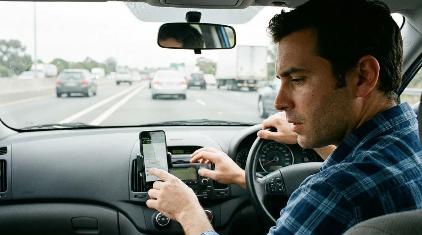 Smartfon na kierownicy (Distracted Driving): Analiza ślepoty poznawczej — ilustracja do artykułu LDKM.pl o bezpiecznym wyprzedzaniu