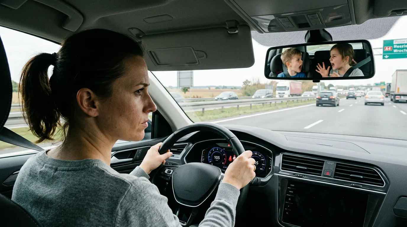 Stres za kółkiem: Dzieci w samochodzie a koncentracja w trakcie manewru — ilustracja do artykułu LDKM.pl o bezpiecznym wyprzedzaniu