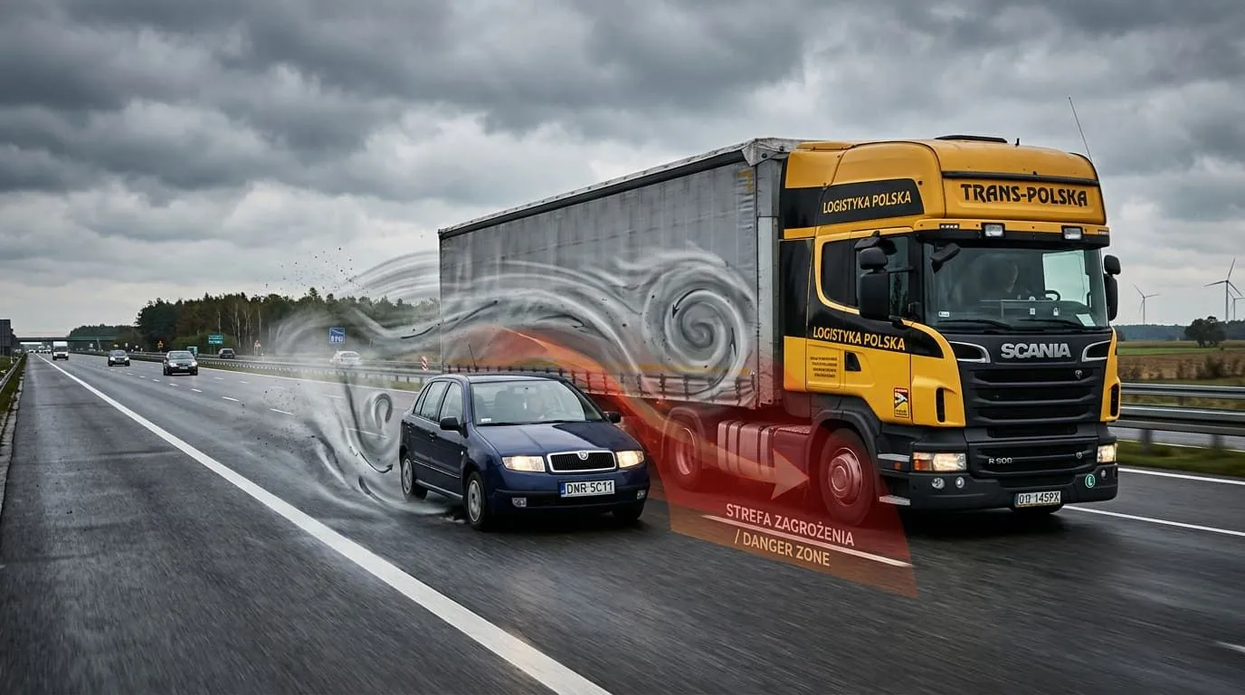 Wyprzedzanie ciężarówki: strefy martwe, czas i błąd pod tytułem już prawie — ilustracja do artykułu LDKM.pl o bezpiecznym wyprzedzaniu