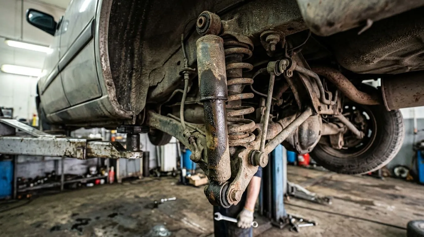 Zużyte amortyzatory a stabilność w manewrze: ukryty problem przy szybkim wyprzedzaniu — ilustracja do artykułu LDKM.pl o bezpiecznym wyprzedzaniu